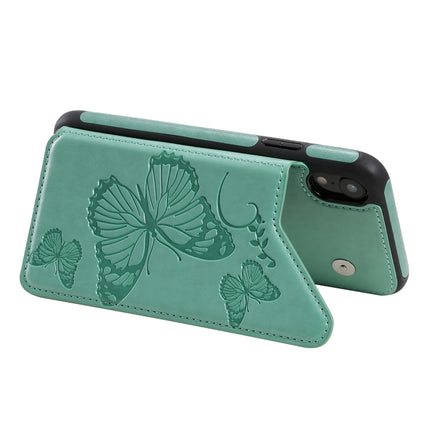 For iPhone XR Butterfly Embossing Pattern Shockproof Protective Case with Holder & Card Slots & Photo Frame(Green)-garmade.com