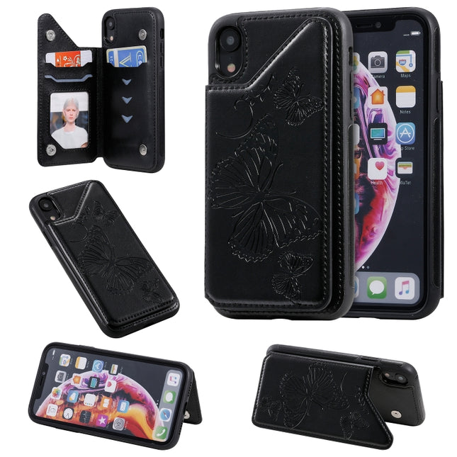 For iPhone XR Butterfly Embossing Pattern Shockproof Protective Case with Holder & Card Slots & Photo Frame(Black)-garmade.com