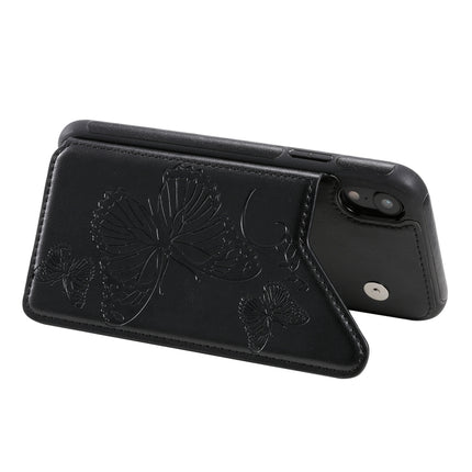 For iPhone XR Butterfly Embossing Pattern Shockproof Protective Case with Holder & Card Slots & Photo Frame(Black)-garmade.com