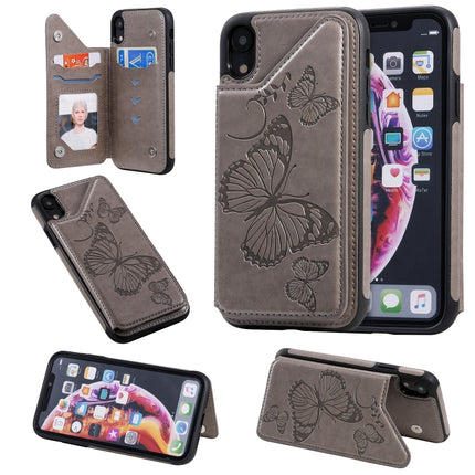 For iPhone XR Butterfly Embossing Pattern Shockproof Protective Case with Holder & Card Slots & Photo Frame(Grey)-garmade.com