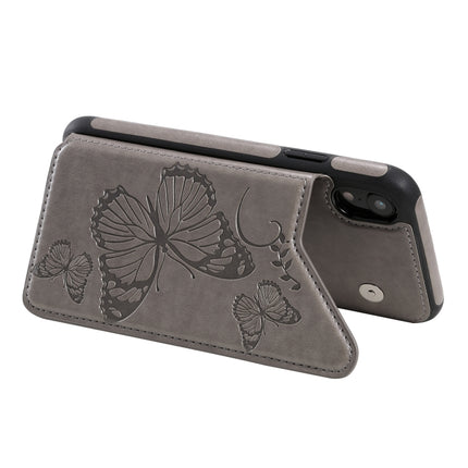 For iPhone XR Butterfly Embossing Pattern Shockproof Protective Case with Holder & Card Slots & Photo Frame(Grey)-garmade.com