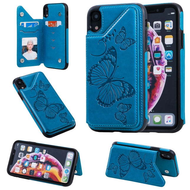 For iPhone XR Butterfly Embossing Pattern Shockproof Protective Case with Holder & Card Slots & Photo Frame(Blue)-garmade.com