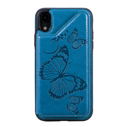 For iPhone XR Butterfly Embossing Pattern Shockproof Protective Case with Holder & Card Slots & Photo Frame(Blue)-garmade.com