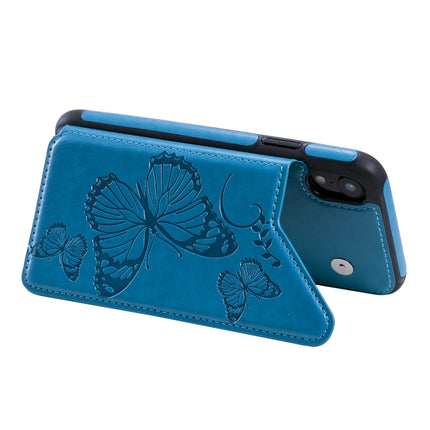 For iPhone XR Butterfly Embossing Pattern Shockproof Protective Case with Holder & Card Slots & Photo Frame(Blue)-garmade.com