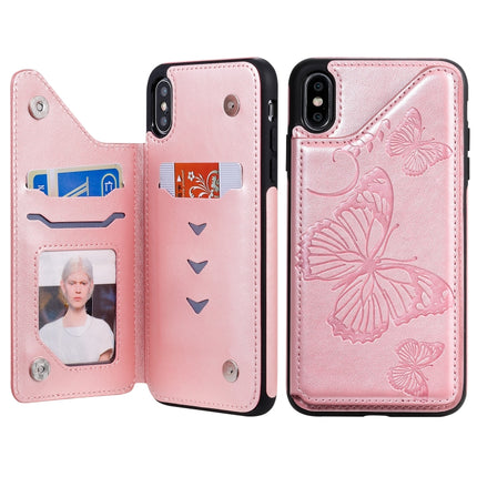 For iPhone XS Max Butterfly Embossing Pattern Shockproof Protective Case with Holder & Card Slots & Photo Frame(Rose Gold)-garmade.com