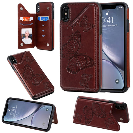 For iPhone XS Max Butterfly Embossing Pattern Shockproof Protective Case with Holder & Card Slots & Photo Frame(Brown)-garmade.com
