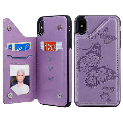 For iPhone XS Max Butterfly Embossing Pattern Shockproof Protective Case with Holder & Card Slots & Photo Frame(Purple)-garmade.com