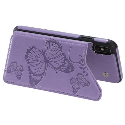 For iPhone XS Max Butterfly Embossing Pattern Shockproof Protective Case with Holder & Card Slots & Photo Frame(Purple)-garmade.com