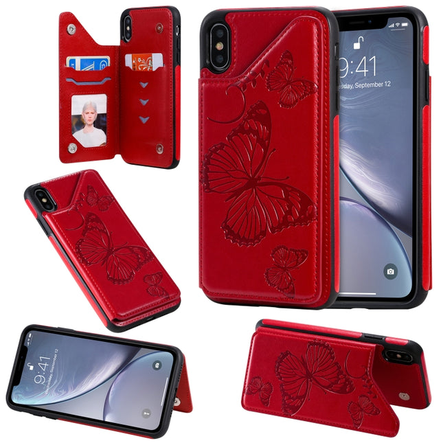 For iPhone XS Max Butterfly Embossing Pattern Shockproof Protective Case with Holder & Card Slots & Photo Frame(Red)-garmade.com