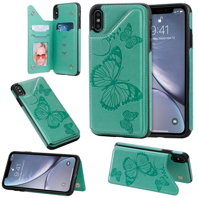 For iPhone XS Max Butterfly Embossing Pattern Shockproof Protective Case with Holder & Card Slots & Photo Frame(Green)-garmade.com