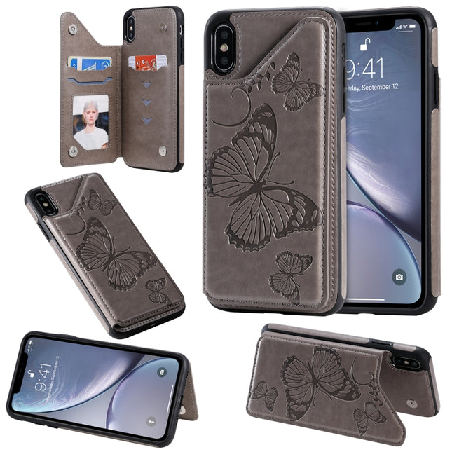 For iPhone XS Max Butterfly Embossing Pattern Shockproof Protective Case with Holder & Card Slots & Photo Frame(Grey)-garmade.com