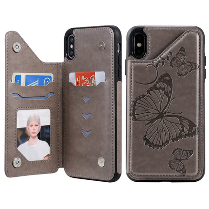 For iPhone XS Max Butterfly Embossing Pattern Shockproof Protective Case with Holder & Card Slots & Photo Frame(Grey)-garmade.com