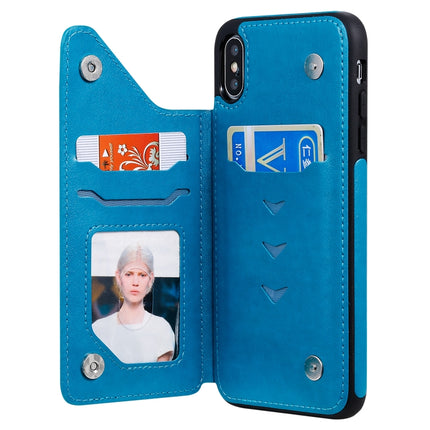 For iPhone XS Max Butterfly Embossing Pattern Shockproof Protective Case with Holder & Card Slots & Photo Frame(Blue)-garmade.com