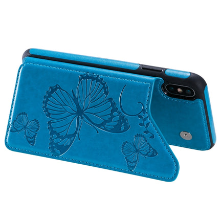 For iPhone XS Max Butterfly Embossing Pattern Shockproof Protective Case with Holder & Card Slots & Photo Frame(Blue)-garmade.com