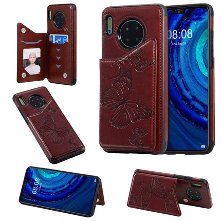 For Huawei Mate30 Butterfly Embossing Pattern Shockproof Protective Case with Holder & Card Slots & Photo Frame(Brown)-garmade.com