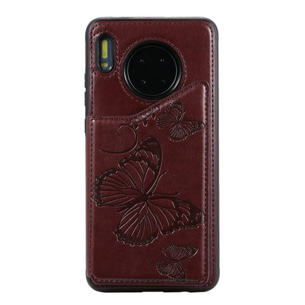 For Huawei Mate30 Butterfly Embossing Pattern Shockproof Protective Case with Holder & Card Slots & Photo Frame(Brown)-garmade.com