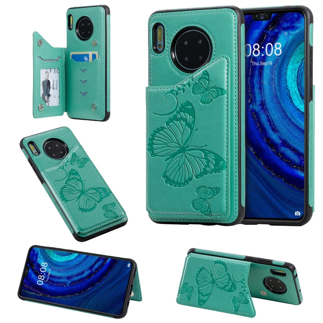 For Huawei Mate30 Butterfly Embossing Pattern Shockproof Protective Case with Holder & Card Slots & Photo Frame(Green)-garmade.com