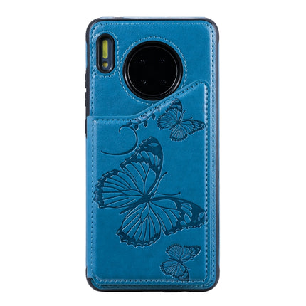 For Huawei Mate30 Butterfly Embossing Pattern Shockproof Protective Case with Holder & Card Slots & Photo Frame(Blue)-garmade.com
