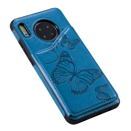For Huawei Mate30 Butterfly Embossing Pattern Shockproof Protective Case with Holder & Card Slots & Photo Frame(Blue)-garmade.com