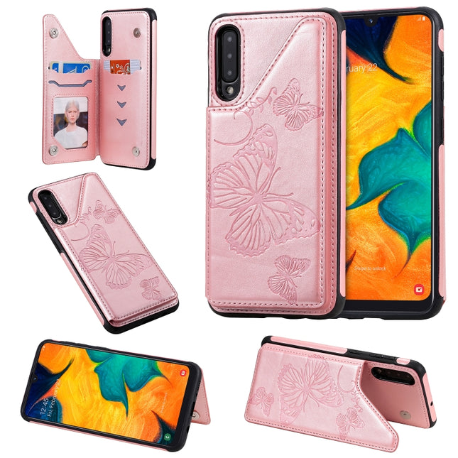 For Samsung Galaxy A50 Butterfly Embossing Pattern Shockproof Protective Case with Holder & Card Slots & Photo Frame(Rose Gold)-garmade.com