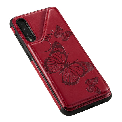 For Samsung Galaxy A50 Butterfly Embossing Pattern Shockproof Protective Case with Holder & Card Slots & Photo Frame(Red)-garmade.com