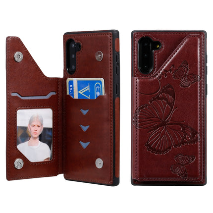For Samsung Galaxy Note10 Butterfly Embossing Pattern Shockproof Protective Case with Holder & Card Slots & Photo Frame(Brown)-garmade.com