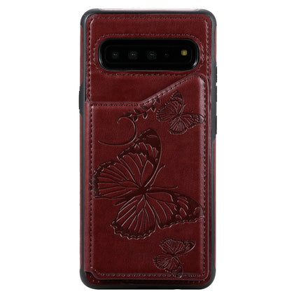 For Galaxy S10 5G Butterfly Embossing Pattern Shockproof Protective Case with Holder & Card Slots & Photo Frame(Brown)-garmade.com
