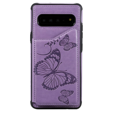 For Galaxy S10 5G Butterfly Embossing Pattern Shockproof Protective Case with Holder & Card Slots & Photo Frame(Purple)-garmade.com