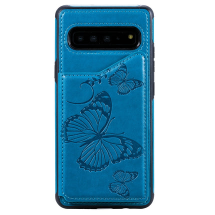 For Galaxy S10 5G Butterfly Embossing Pattern Shockproof Protective Case with Holder & Card Slots & Photo Frame(Blue)-garmade.com