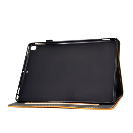 For iPad 10.2 Embossing Sewing Thread Horizontal Painted Flat Leather Case with Sleep Function & Pen Cover & Anti Skid Strip & Card Slot & Holder(Khaki)-garmade.com