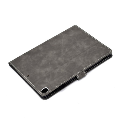 For iPad 10.2 Embossing Sewing Thread Horizontal Painted Flat Leather Case with Sleep Function & Pen Cover & Anti Skid Strip & Card Slot & Holder(Gray)-garmade.com