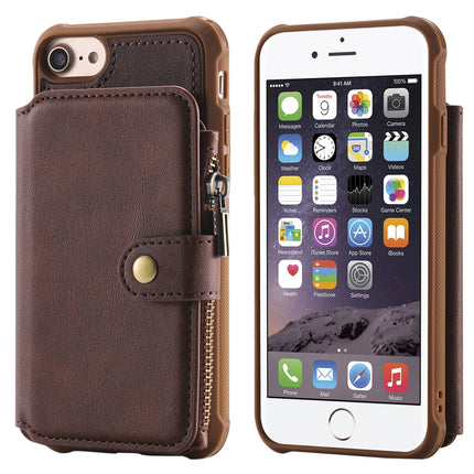 For iPhone SE 2020 / 8 / 7 Zipper Shockproof Protective Case with Card Slots & Bracket & Photo Holder & Wallet Function(Coffee)-garmade.com