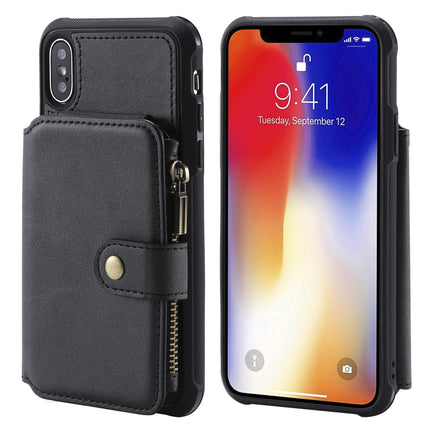 For iPhone X / XS Zipper Shockproof Protective Case with Card Slots & Bracket & Photo Holder & Wallet Function(Black)-garmade.com
