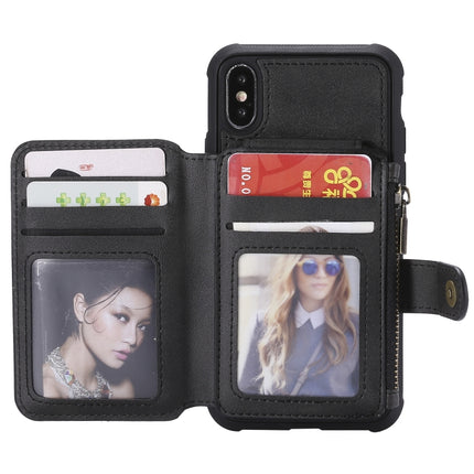 For iPhone X / XS Zipper Shockproof Protective Case with Card Slots & Bracket & Photo Holder & Wallet Function(Black)-garmade.com