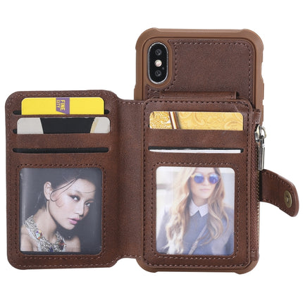 For iPhone X / XS Zipper Shockproof Protective Case with Card Slots & Bracket & Photo Holder & Wallet Function(Coffee)-garmade.com