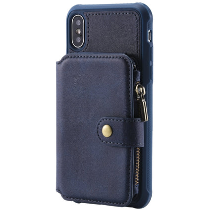 For iPhone X / XS Zipper Shockproof Protective Case with Card Slots & Bracket & Photo Holder & Wallet Function(Blue)-garmade.com