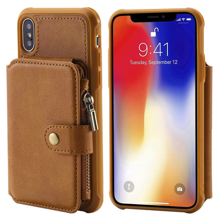 For iPhone X / XS Zipper Shockproof Protective Case with Card Slots & Bracket & Photo Holder & Wallet Function(Brown)-garmade.com