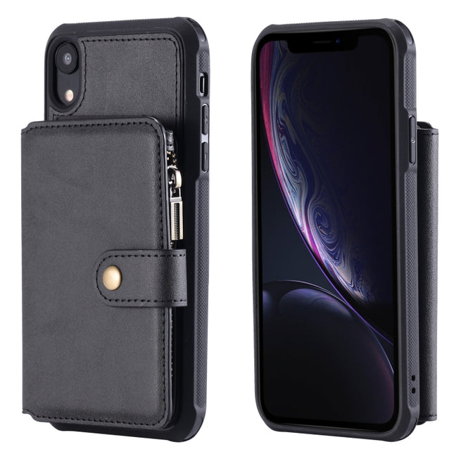 For iPhone XR Zipper Shockproof Protective Case with Card Slots & Bracket & Photo Holder & Wallet Function(Black)-garmade.com
