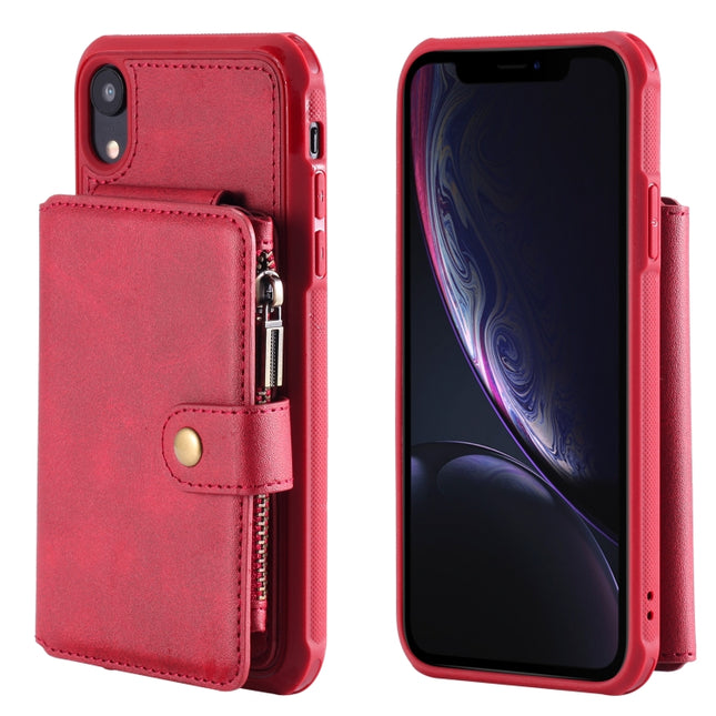 For iPhone XR Zipper Shockproof Protective Case with Card Slots & Bracket & Photo Holder & Wallet Function(Red)-garmade.com