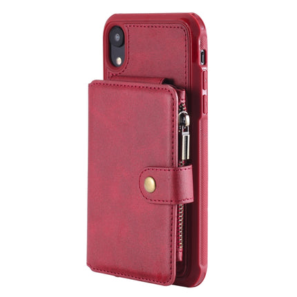 For iPhone XR Zipper Shockproof Protective Case with Card Slots & Bracket & Photo Holder & Wallet Function(Red)-garmade.com