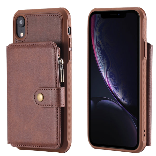 For iPhone XR Zipper Shockproof Protective Case with Card Slots & Bracket & Photo Holder & Wallet Function(Coffee)-garmade.com