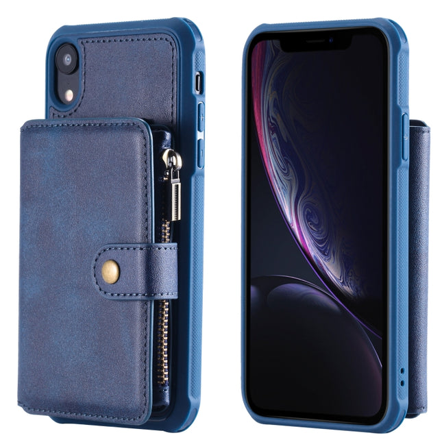 For iPhone XR Zipper Shockproof Protective Case with Card Slots & Bracket & Photo Holder & Wallet Function(Blue)-garmade.com