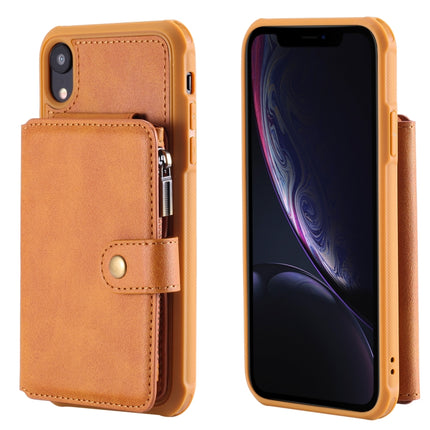 For iPhone XR Zipper Shockproof Protective Case with Card Slots & Bracket & Photo Holder & Wallet Function(Brown)-garmade.com