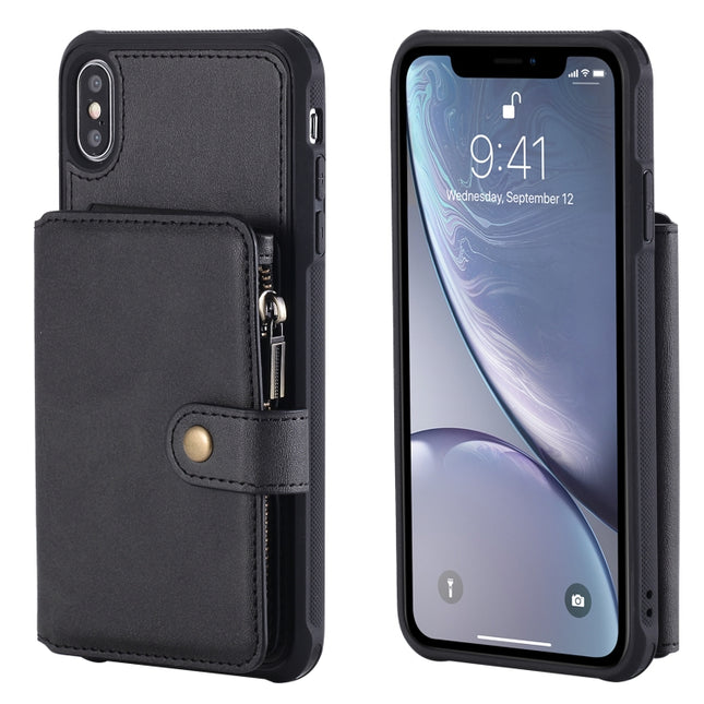 For iPhone XS Max Zipper Shockproof Protective Case with Card Slots & Bracket & Photo Holder & Wallet Function(Black)-garmade.com