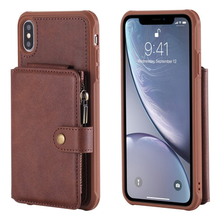 For iPhone XS Max Zipper Shockproof Protective Case with Card Slots & Bracket & Photo Holder & Wallet Function(Coffee)-garmade.com