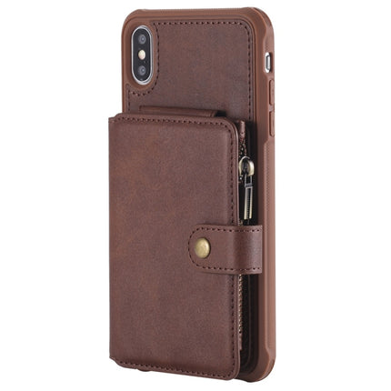 For iPhone XS Max Zipper Shockproof Protective Case with Card Slots & Bracket & Photo Holder & Wallet Function(Coffee)-garmade.com
