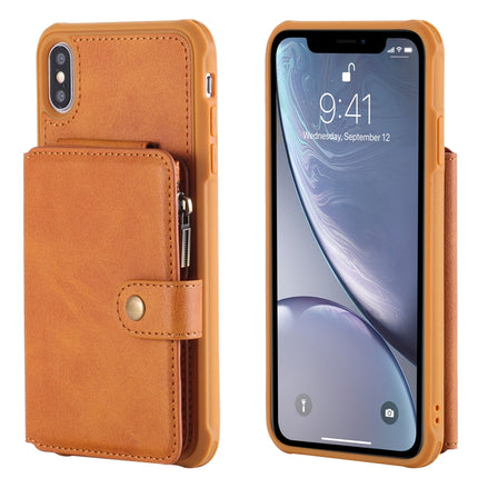 For iPhone XS Max Zipper Shockproof Protective Case with Card Slots & Bracket & Photo Holder & Wallet Function(Brown)-garmade.com