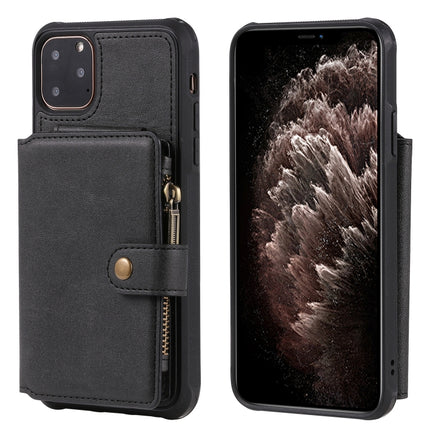 For iPhone 11 Pro Max Zipper Shockproof Protective Case with Card Slots & Bracket & Photo Holder & Wallet Function(Black)-garmade.com