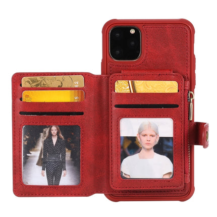 For iPhone 11 Pro Max Zipper Shockproof Protective Case with Card Slots & Bracket & Photo Holder & Wallet Function(Red)-garmade.com