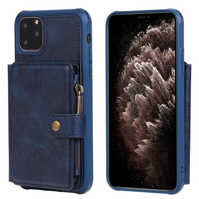For iPhone 11 Pro Max Zipper Shockproof Protective Case with Card Slots & Bracket & Photo Holder & Wallet Function(Blue)-garmade.com
